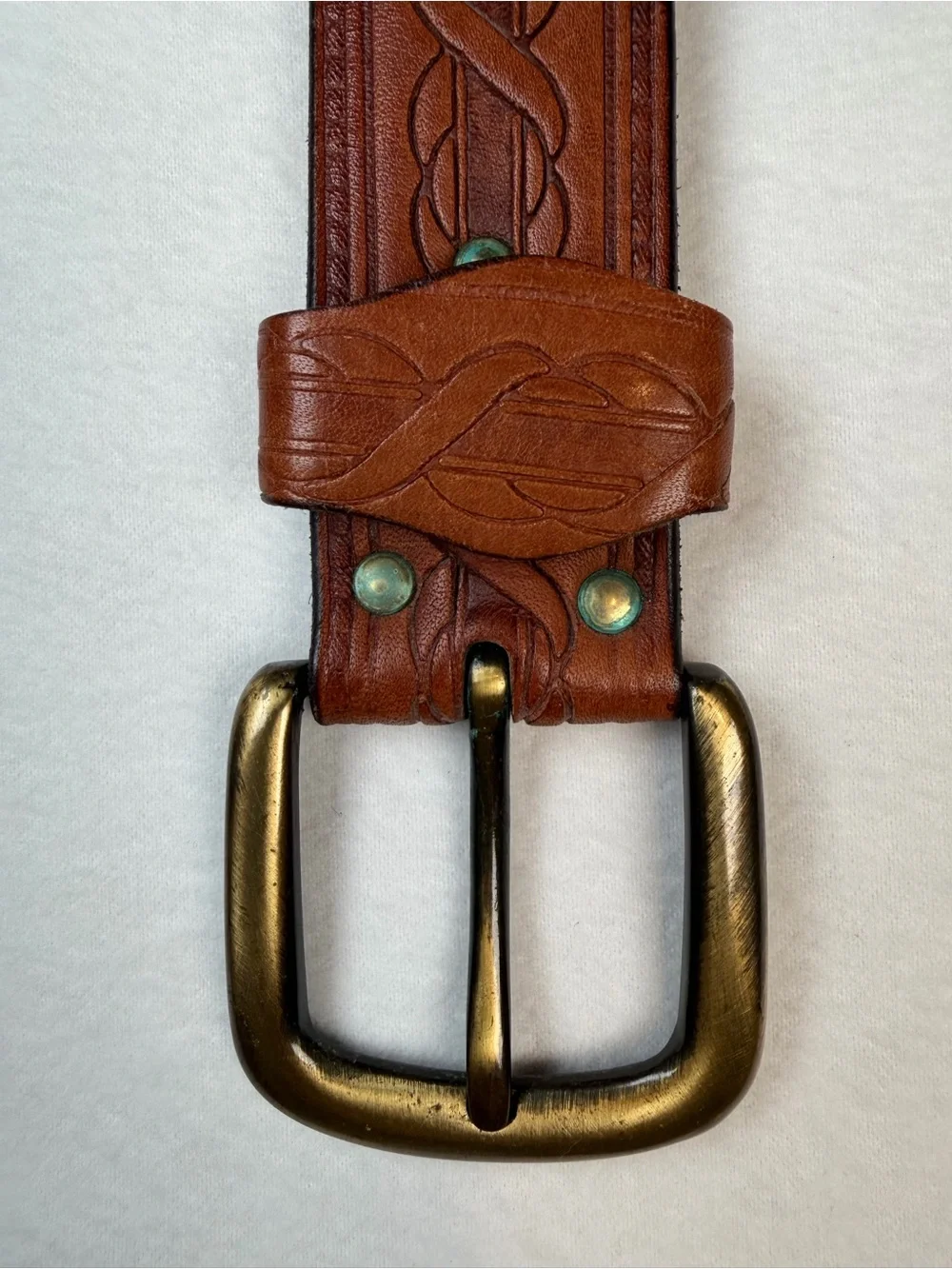 Vintage Hand Tooled Brown Leather Belt Celtic Braid Brass Buckle 29-34”